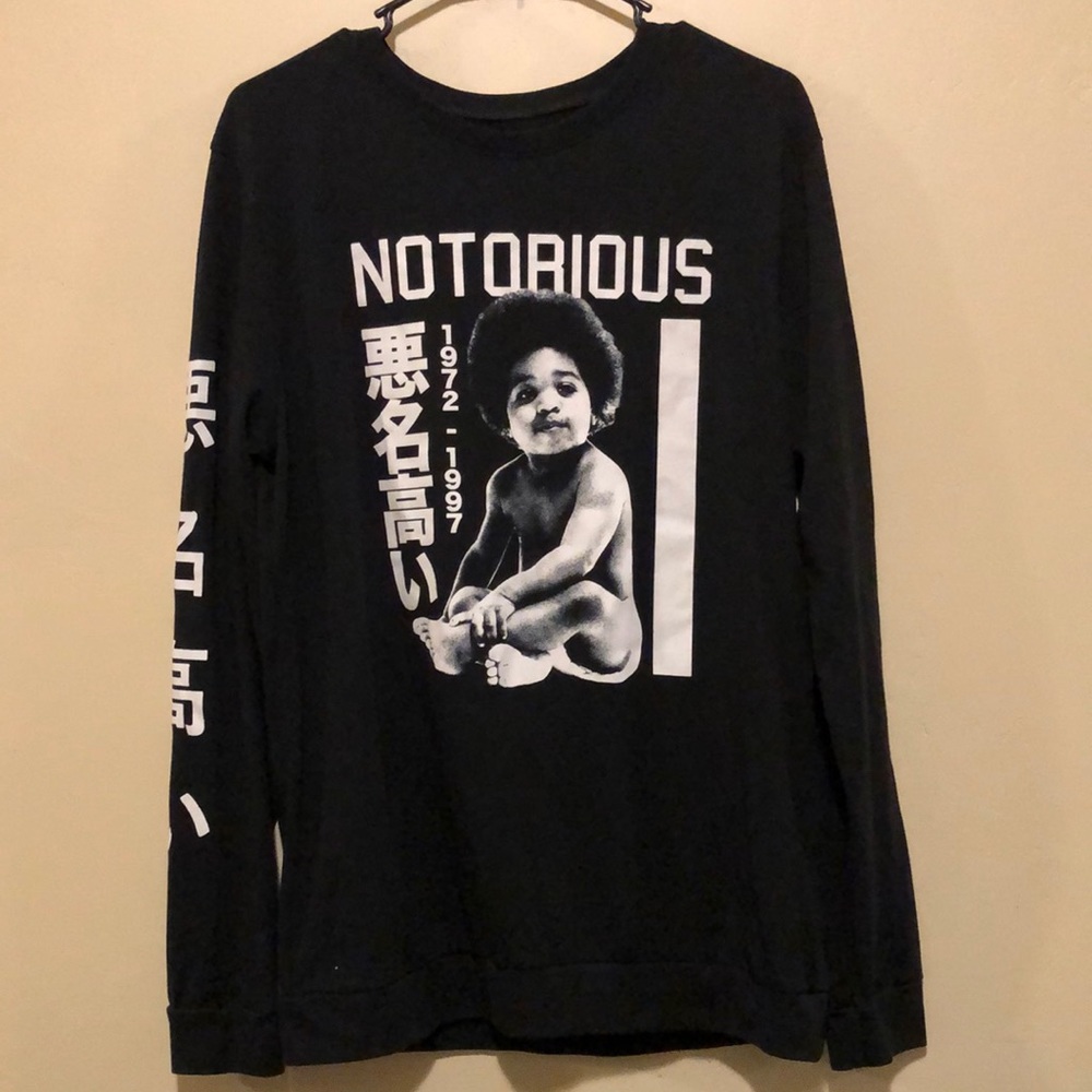 21men Black Long Sleeve "Notorious" Graphic Tee with White Print